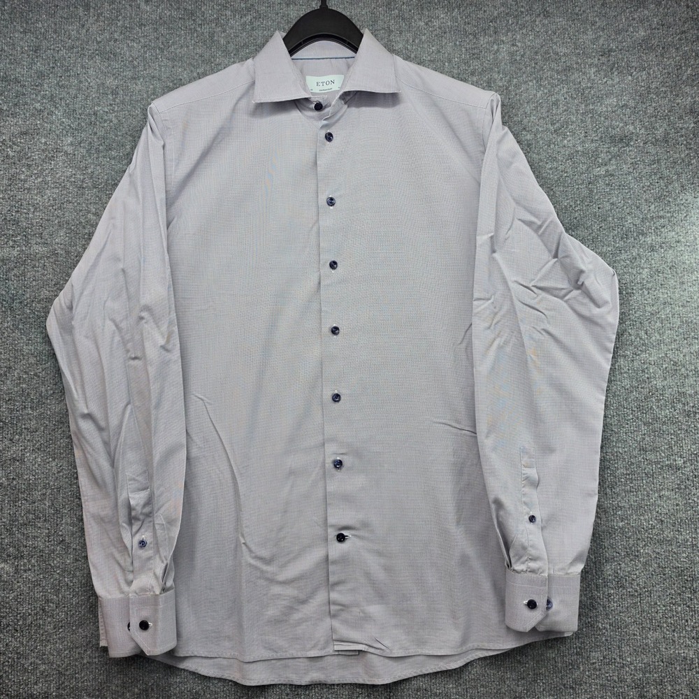 Eton Mens Contemporary Brighton Micro Houndstooth Dress Shirt Blue Tan 17.5 44
